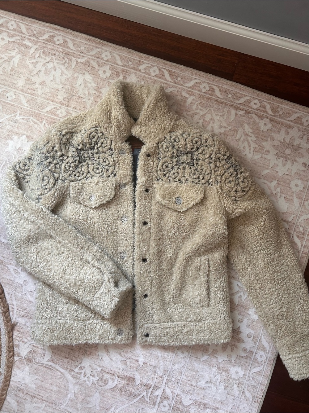 Lucky Brand Cream Sherpa Shirt Jacket with Embroidered Yoke
